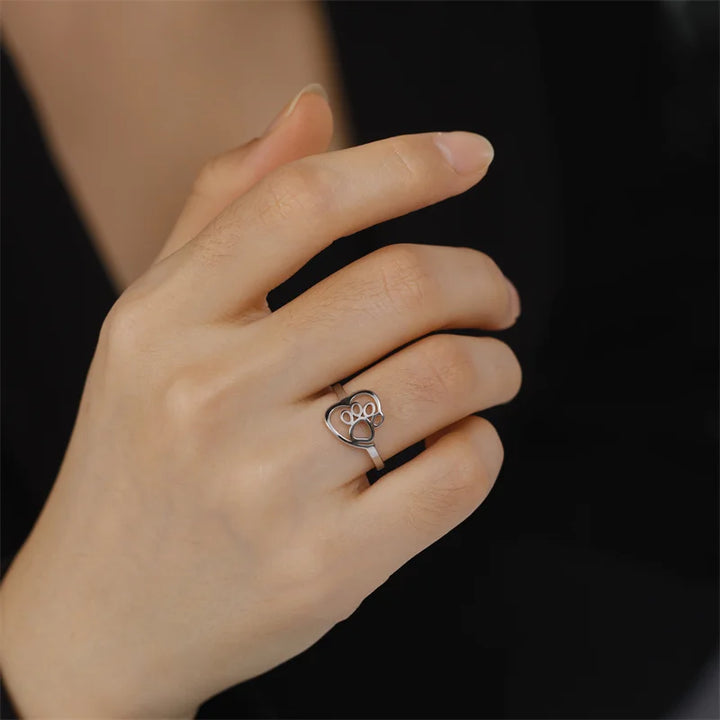 Bague Pattes et Cœur en Or – Bijoux en Acier Inoxydable pour Amateurs d'Animaux