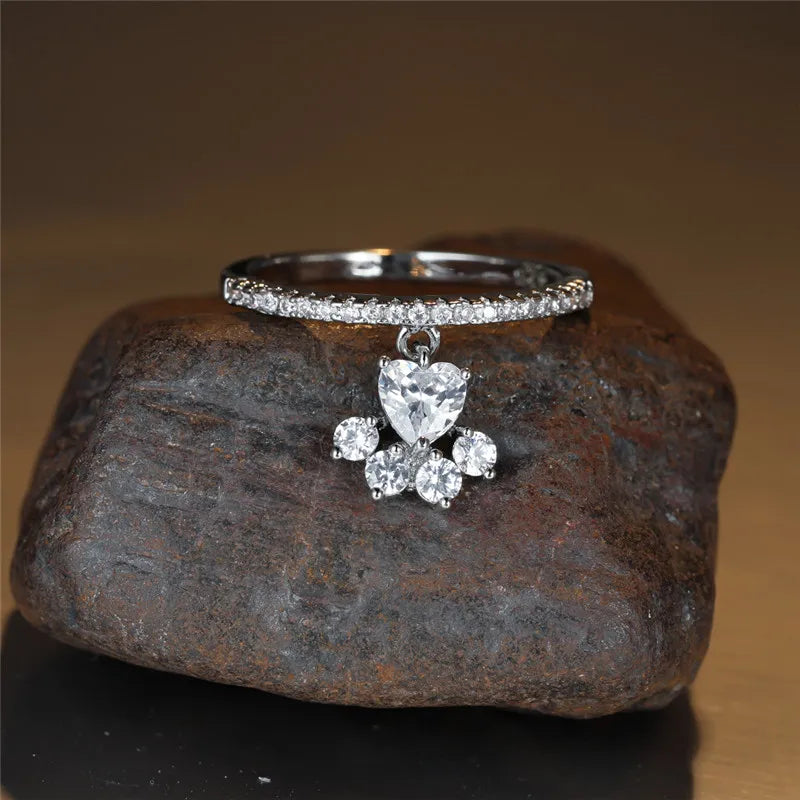 Bague Vintage Patte de Chat & Cœur en Pierre – Ton Or & Argent