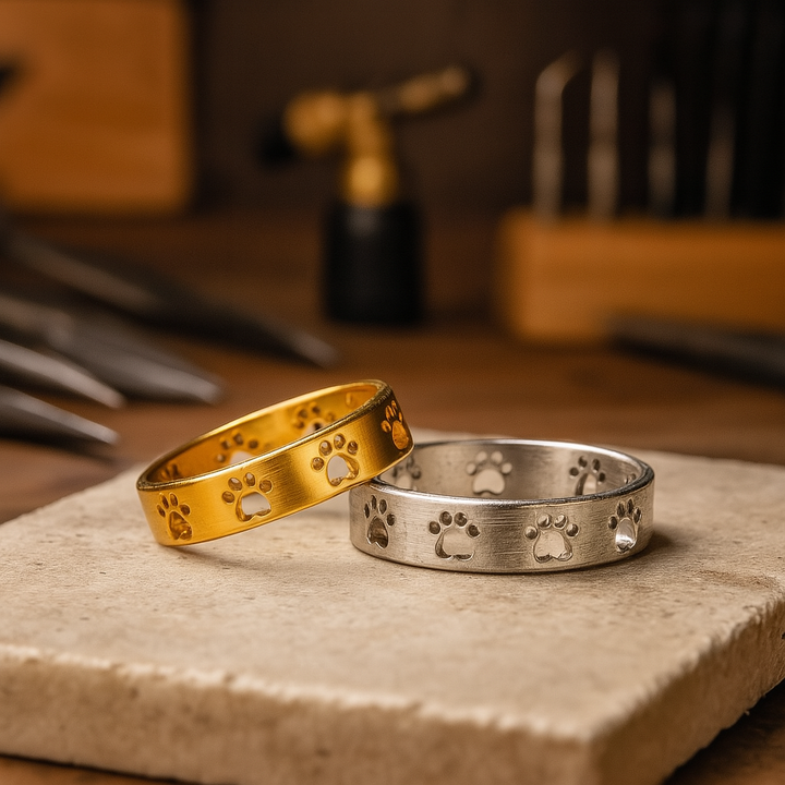 Bague en Acier Inoxydable avec Empreinte de Patte en Or