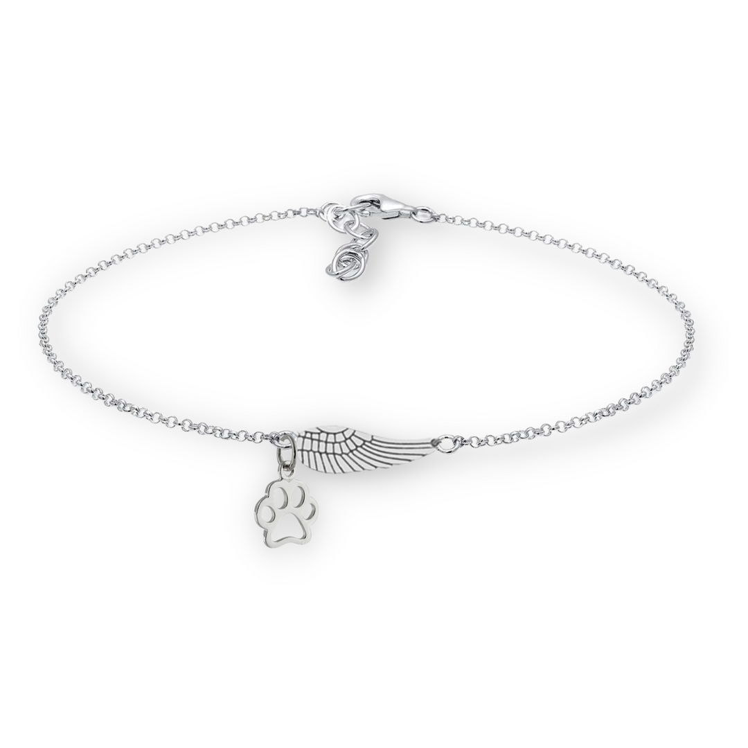 Bracelet commémoratif en argent avec aile d'ange et empreinte de patte | Fait à la main