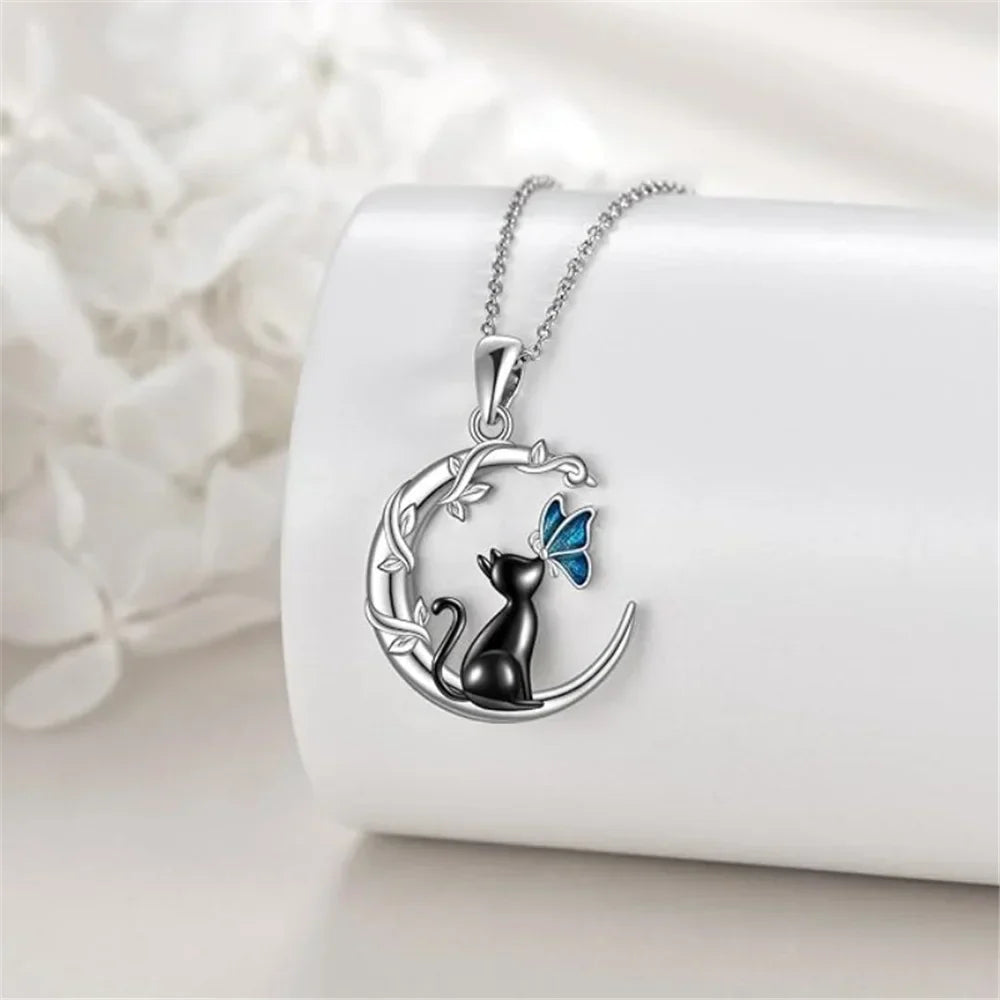 Collier Pendentif en Cristal Papillon Chat de Lune