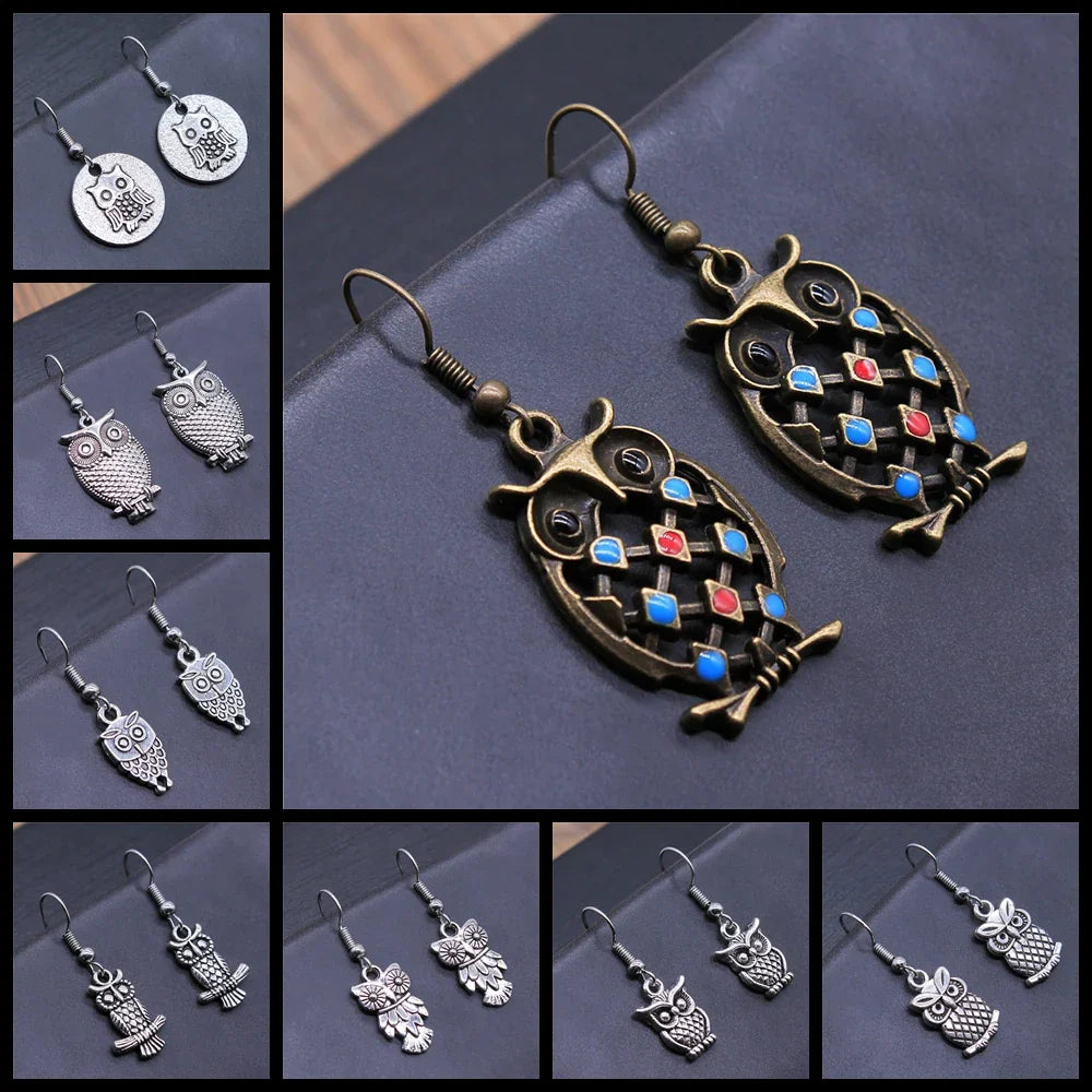 Boucles d'oreilles pendantes bohémiennes vintage avec hibou