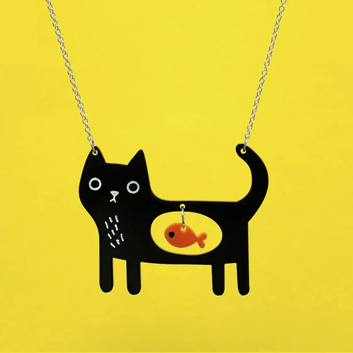 Collier Pendentif Acrylique Chat & Poisson Fantaisie