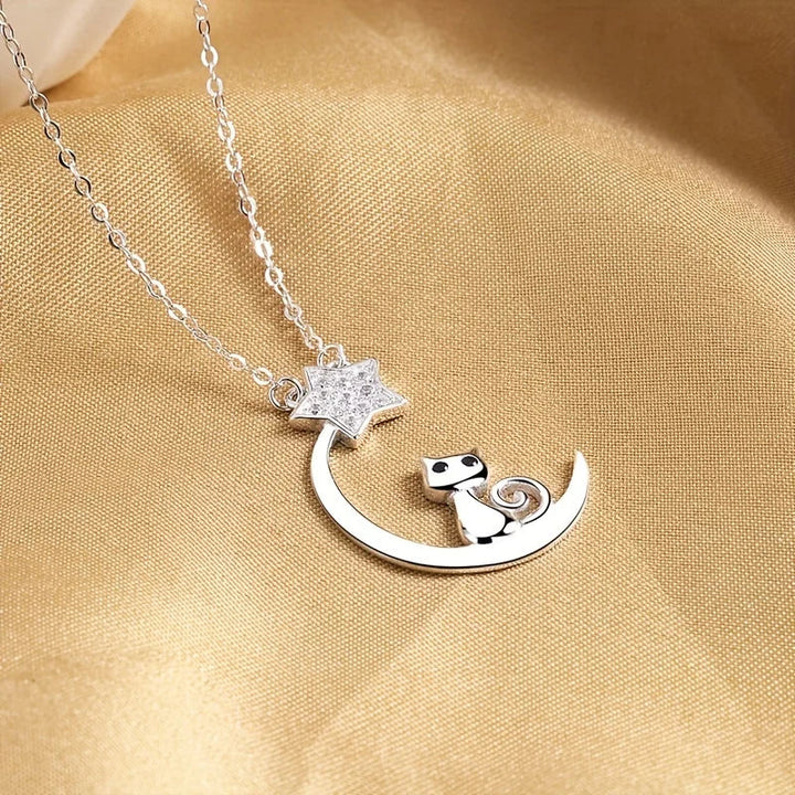 Collier en argent sterling avec chat, lune et étoile