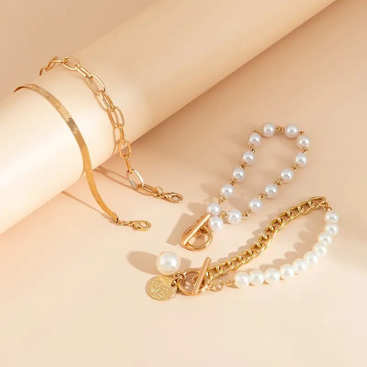 Ensemble de Bracelets Chic en Or 4 Pièces – Serpent, Perles & Maillons | Or