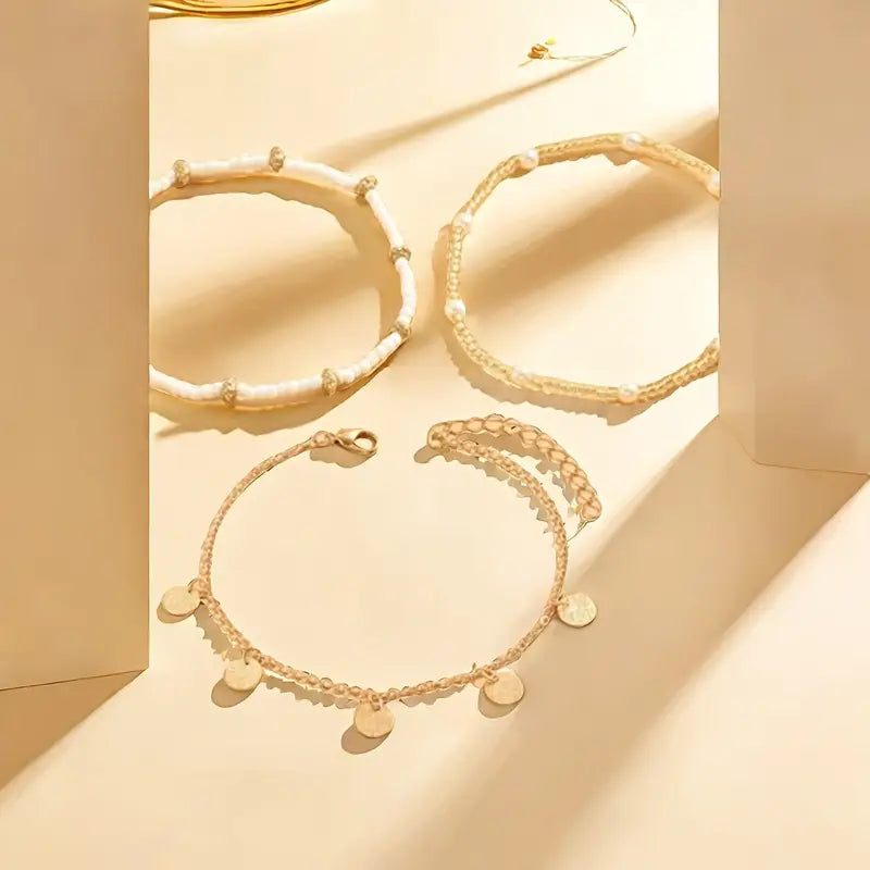 Ensemble de Bracelets de Cheville Superposés 3 Pièces | Or