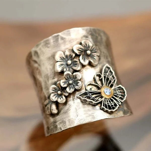 Bague Large en Argent avec Abeille, Fleur et Papillon