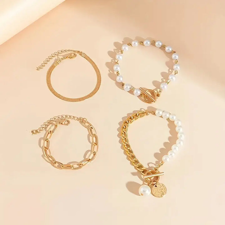 Ensemble de Bracelets Chic en Or de 4 Pièces – Serpent, Perles & Maillons | Or
