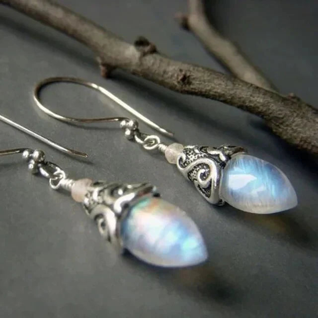 Boucles d'oreilles en goutte de pierre de lune antique | Or blanc