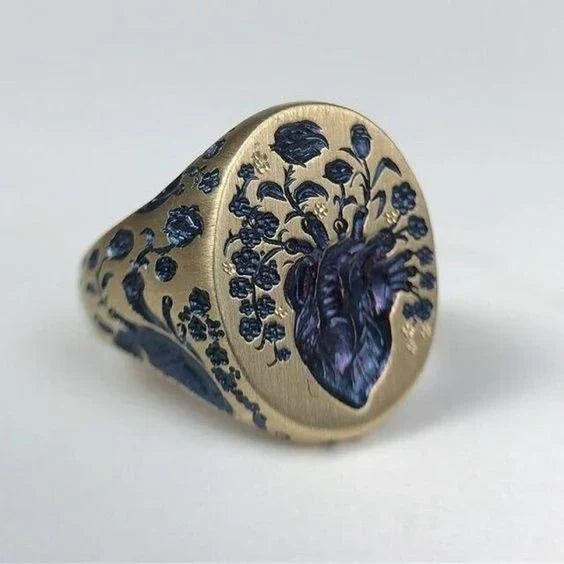 Bague en Or avec Sceau Floral Bleu Vintage