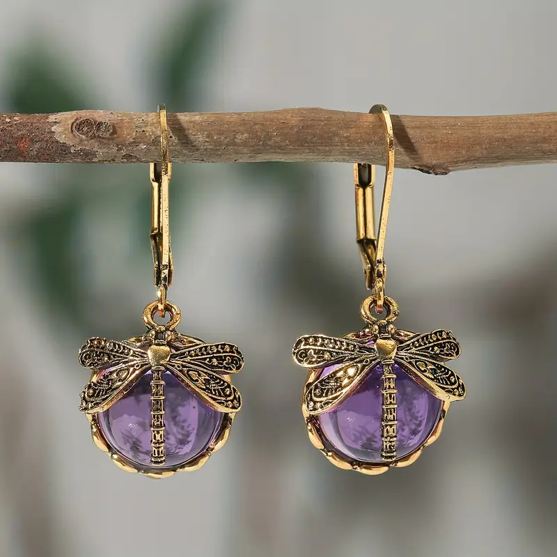 Boucles d'oreilles en cristal doré Libellule Violette