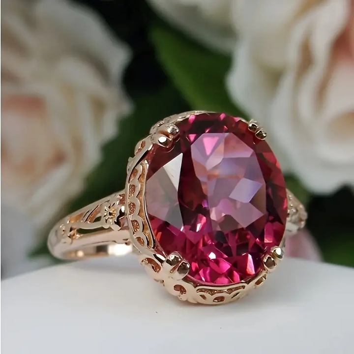 Bague en Verre Arrondie en Grenat Vintage avec Dorure