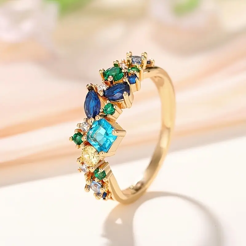 Bague en Or Florale Bleue et Verte