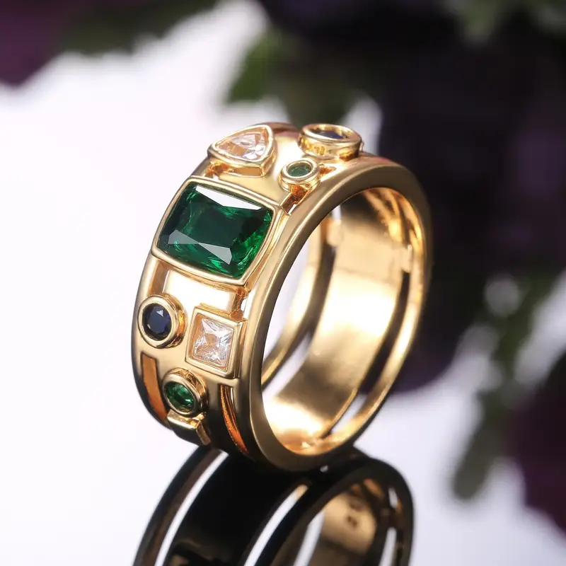 Bague en Verre Vintage Verte et Blanche avec Or