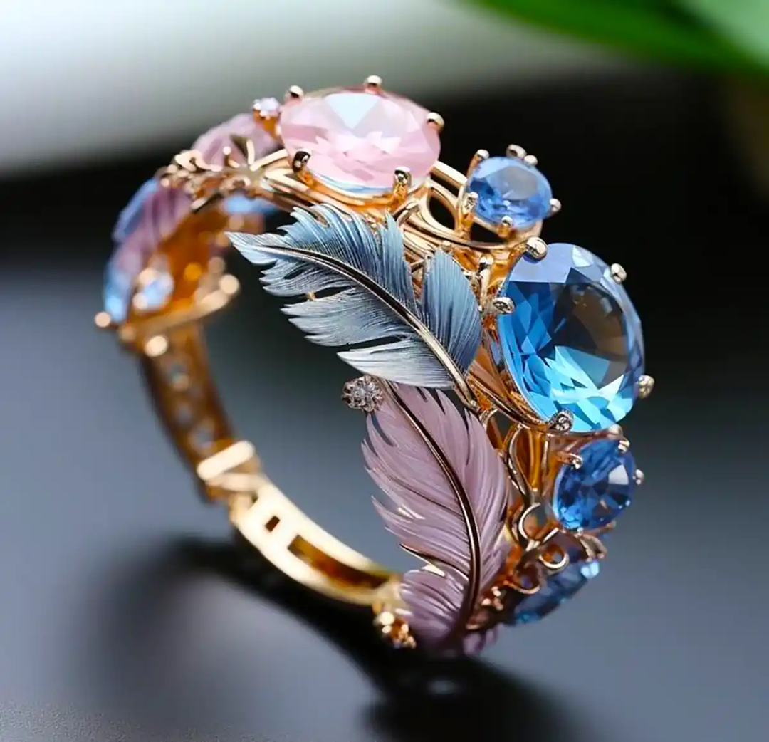 Bague en Cristal avec Plume Exotique Vintage