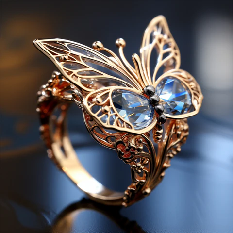 Bague Papillon Doré en Cristal Bleu