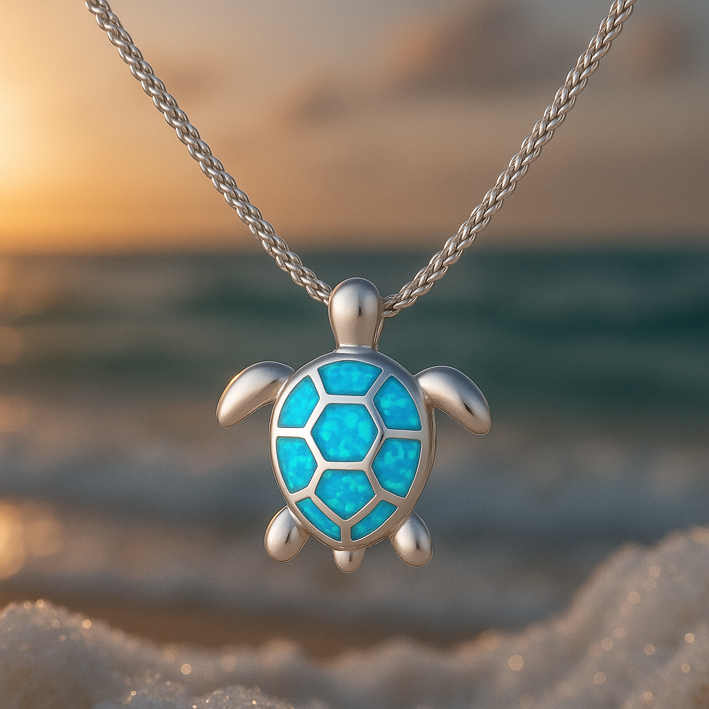 Collier en Argent avec Tortue en Opale Bleue Clair