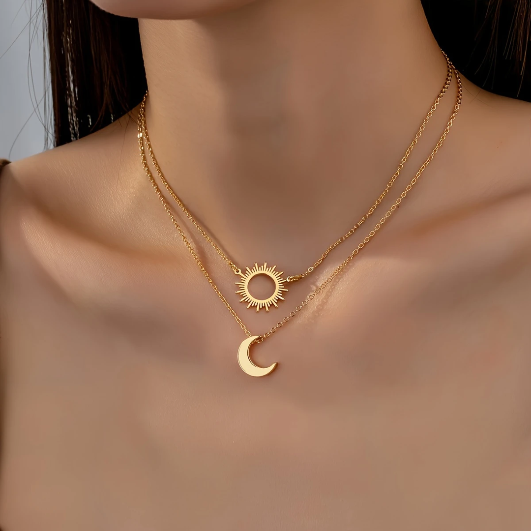Collier superposé en or Soleil & Lune