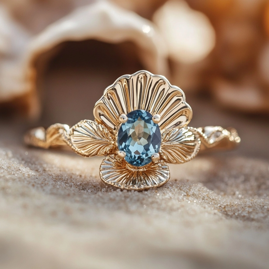Bague en Cristal Bleu Océan avec Coquillage et Or