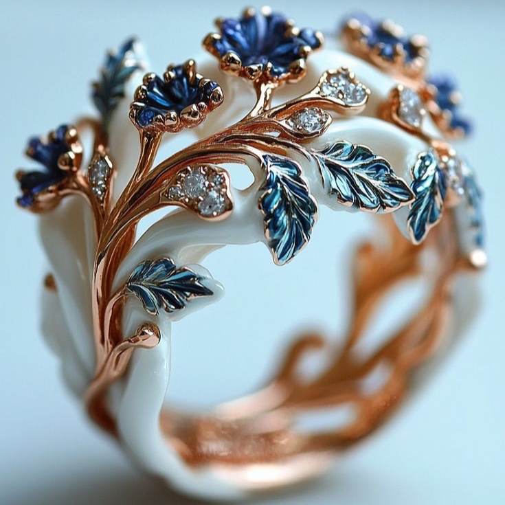 Bague Florale Émaillée Bleue