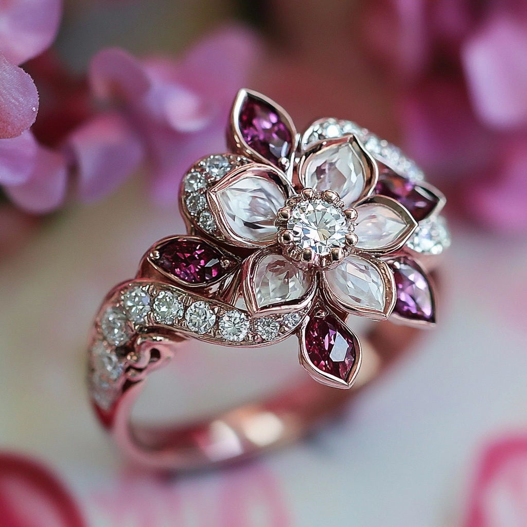 Bague Florale en Grenat Cristal Argenté