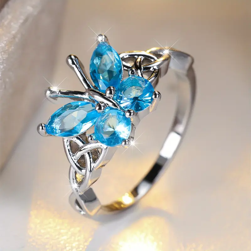 Bague en Argent avec Papillon en Cristal Bleu