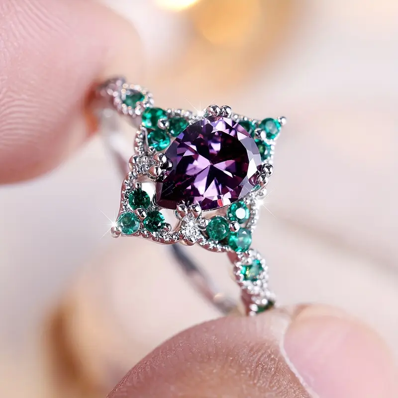 Bague en Argent avec Zirconia Ronde Verte et Violette