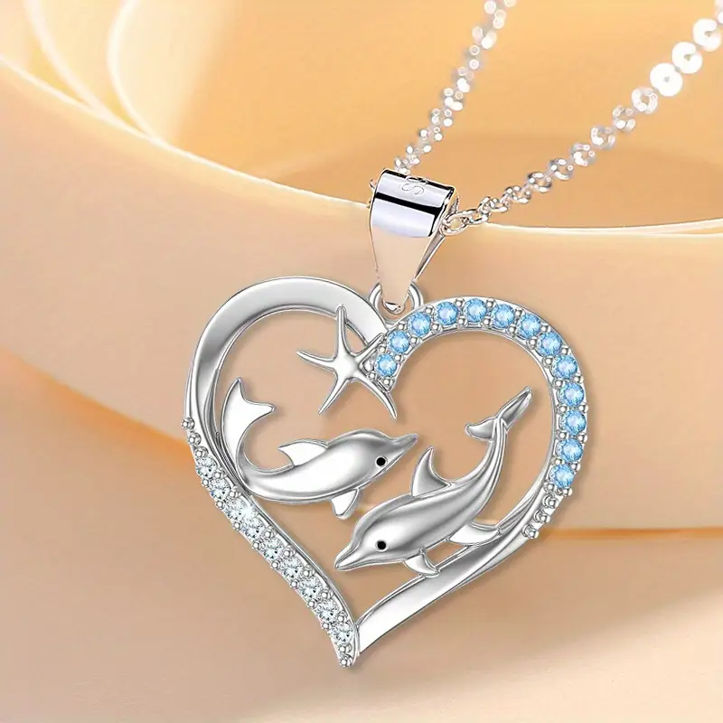Collier Cœur Brillant de Dauphins Argentés