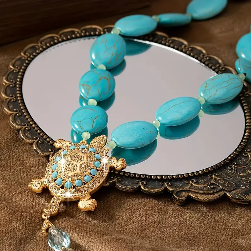 Collier en Pierre Bleue Tortue Dorée