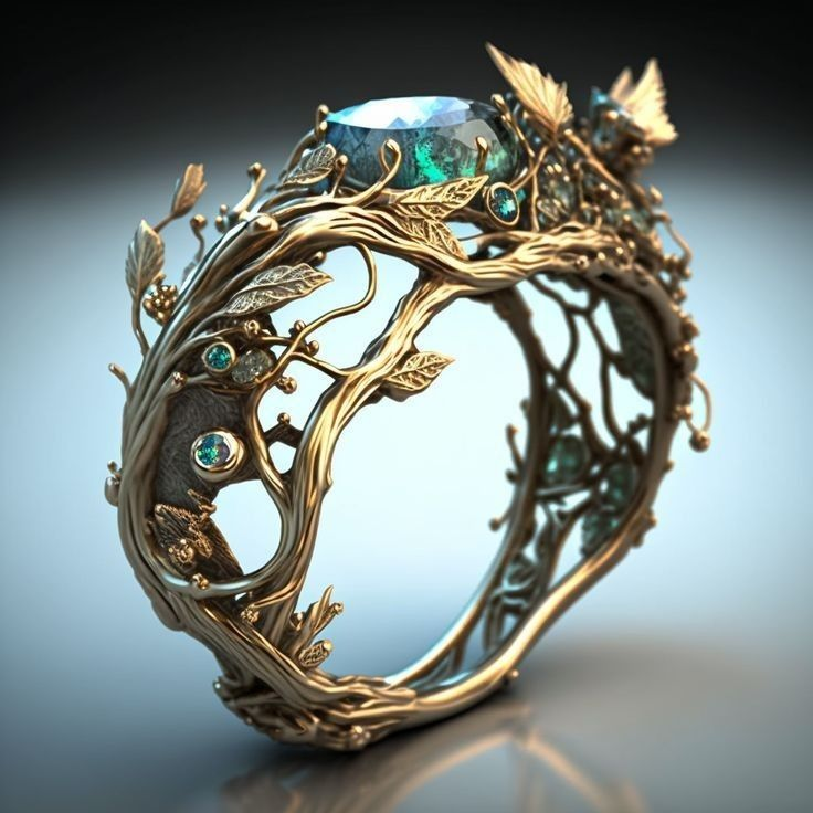 Bague en Verre Turquoise Creux Doré Exotique
