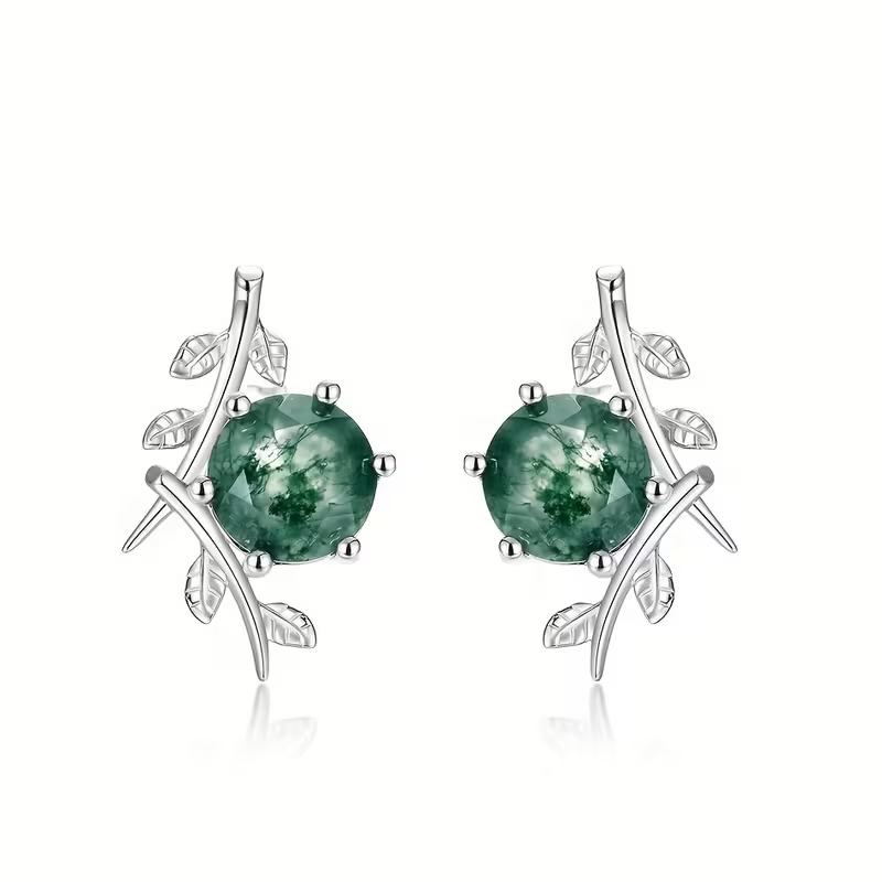 Boucles d'oreilles en argent avec feuilles en agate mousse