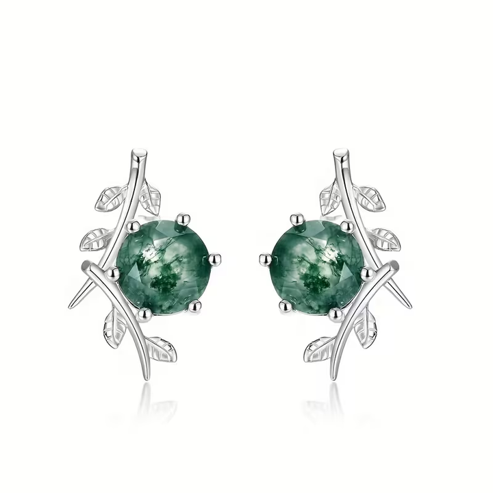 Boucles d'oreilles en argent avec feuilles en agate mousse
