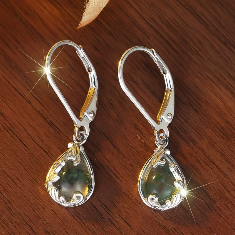 Boucles d'oreilles en agate mousse en forme de goutte arrondie