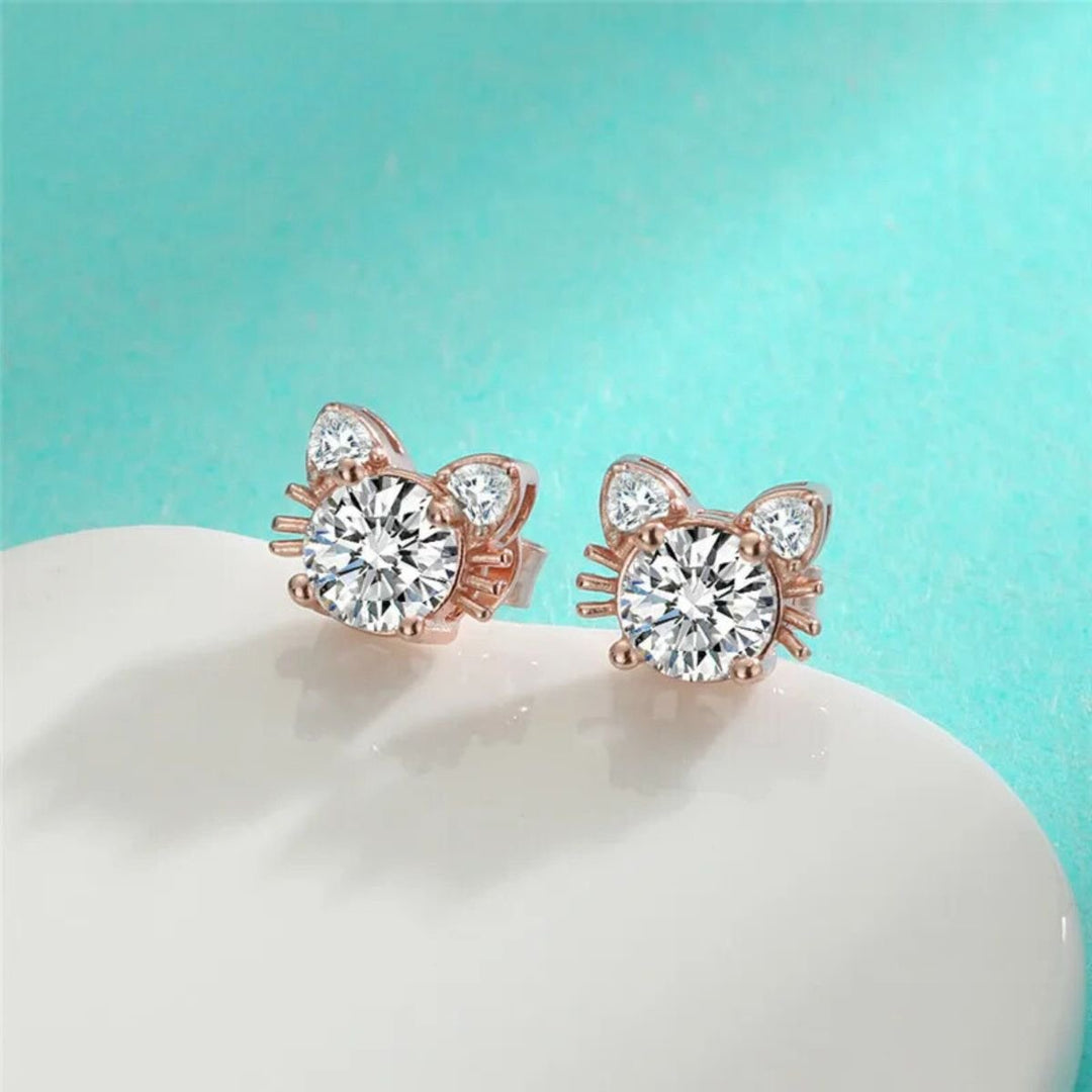 Boucles d'oreilles en forme de chat en moissanite et or rose en argent sterling 925