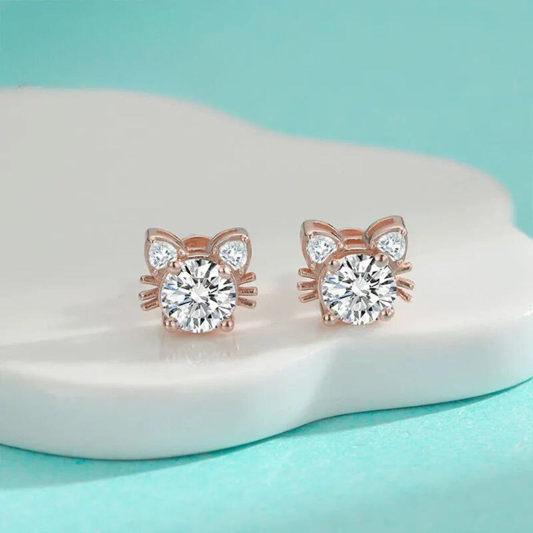 Boucles d'oreilles en argent sterling 925 en or rose Moissanite en forme de chat