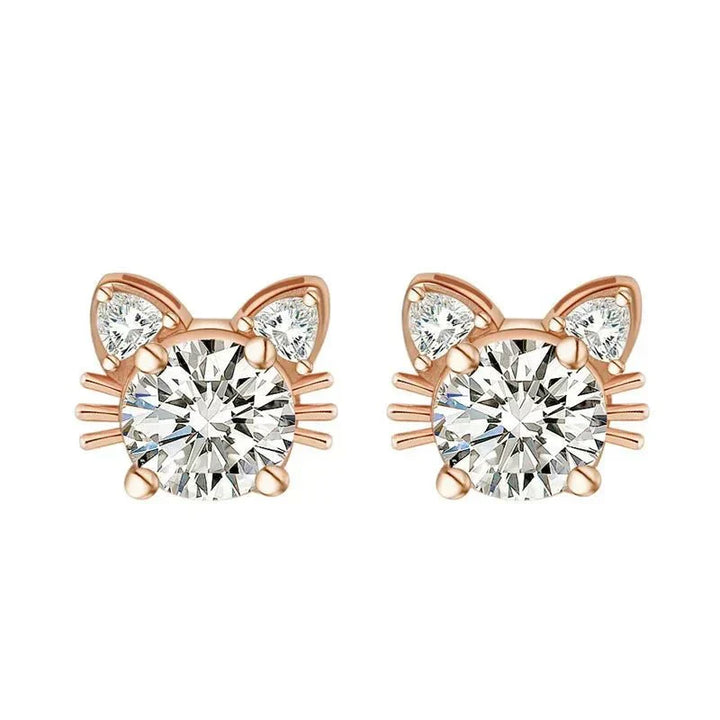 Boucles d'oreilles en forme de chat en moissanite et or rose en argent sterling 925