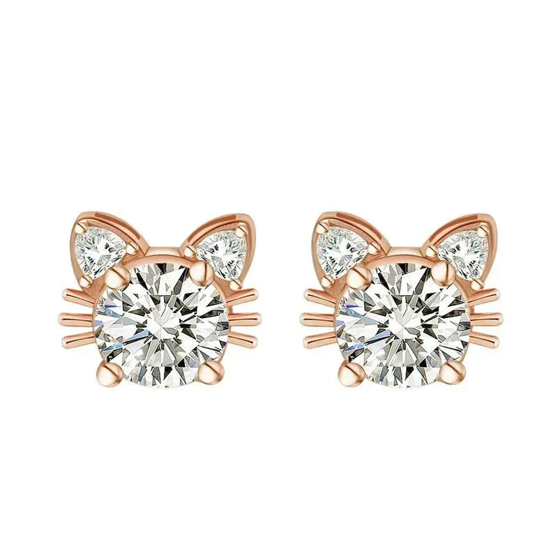 Boucles d'oreilles en forme de chat en moissanite or rose en argent sterling 925