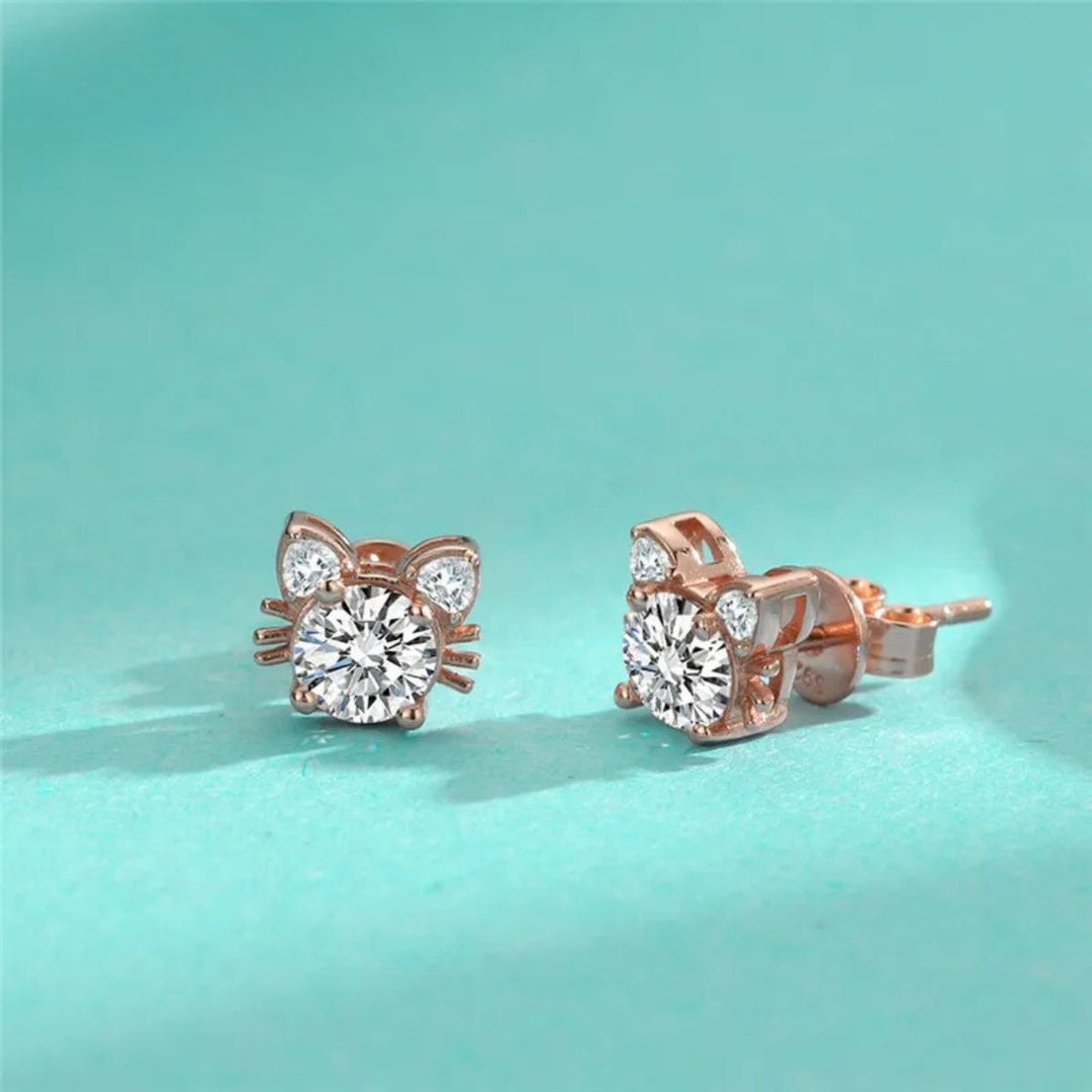 Boucles d'oreilles en argent sterling 925 en or rose Moissanite en forme de chat