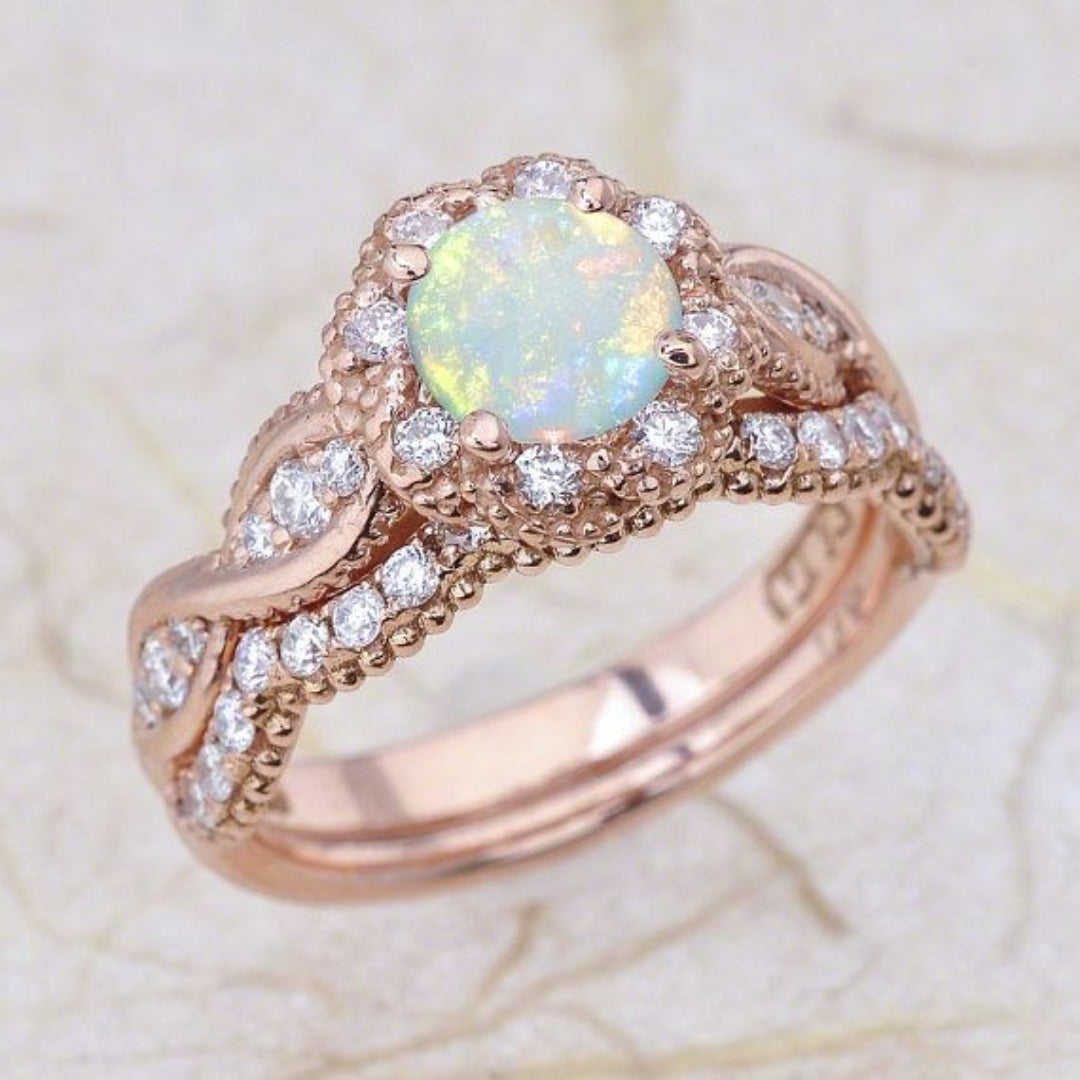 Bague en Opale Blanche Zirconia Rose Exotique