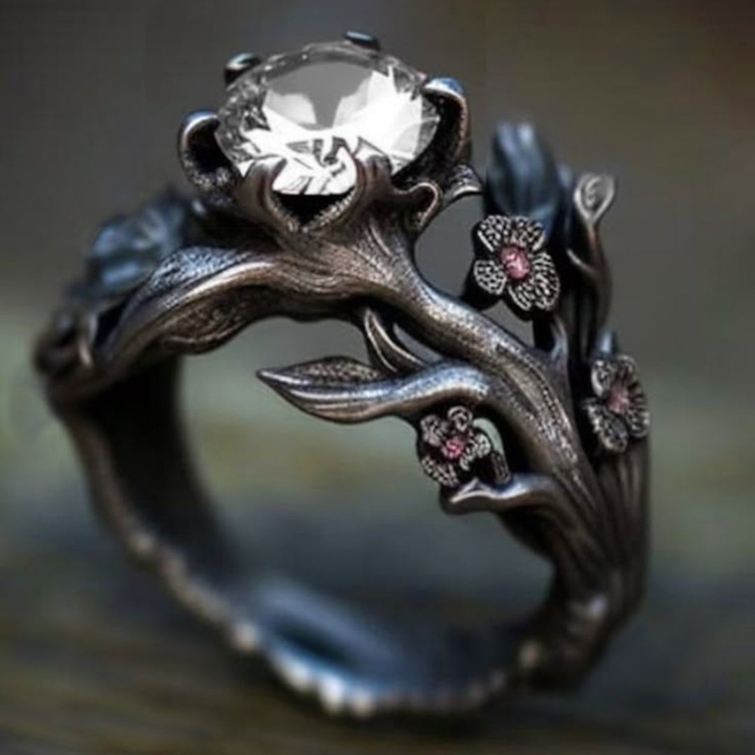 Bague en Cristal Floral Exotique Argent Foncé