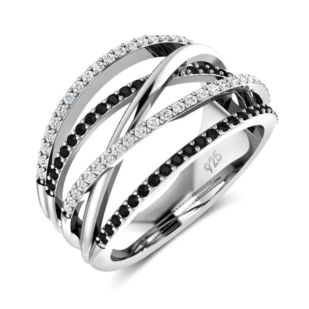 Bague en Argent Superposée avec Cristaux Noirs Élégants