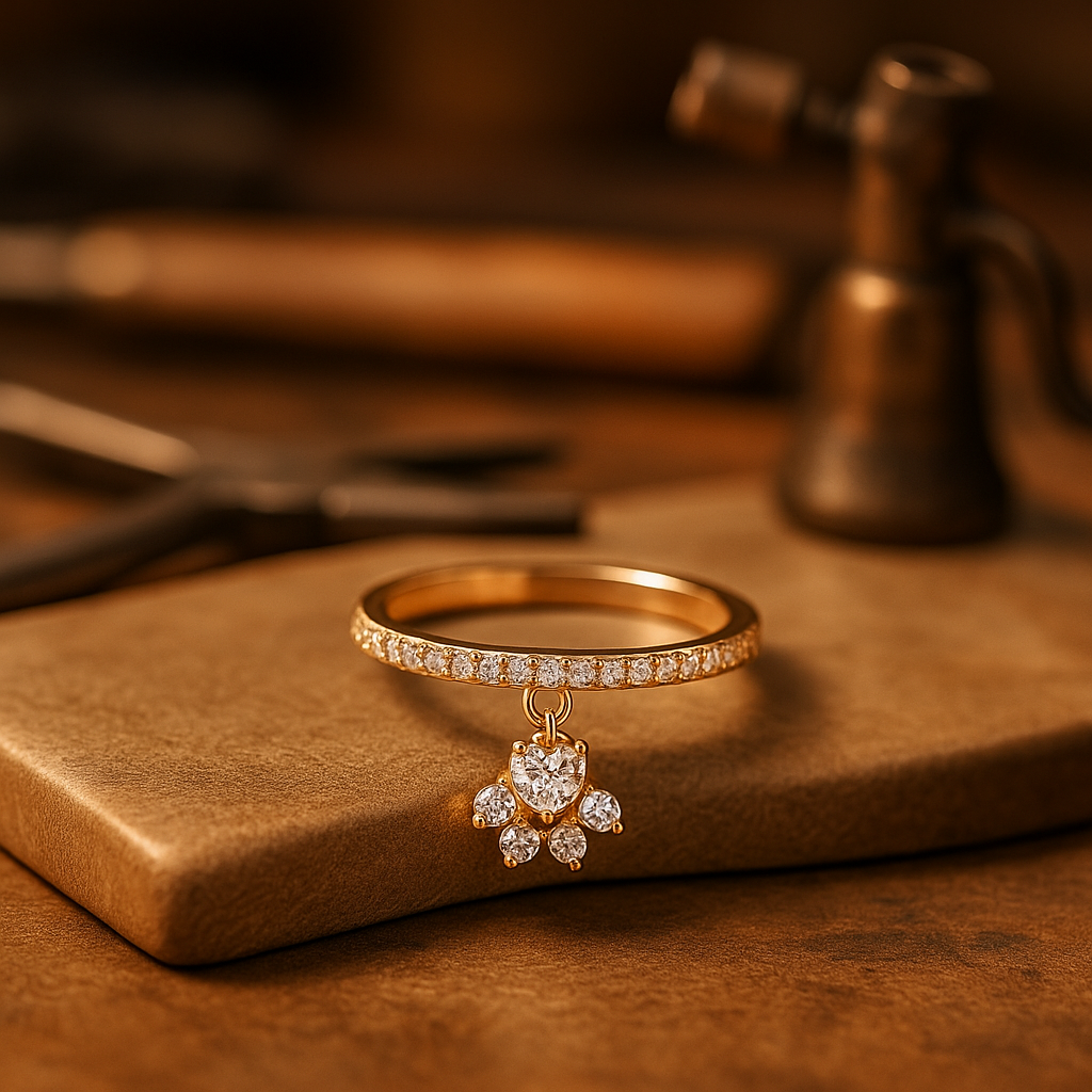 Bague Vintage Pattes de Chat & Cœur en Pierre – Ton Or & Argent