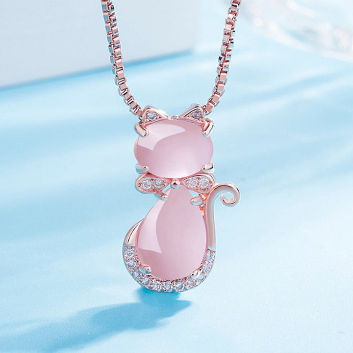 Collier de chat mignon en pierre rose avec zircon