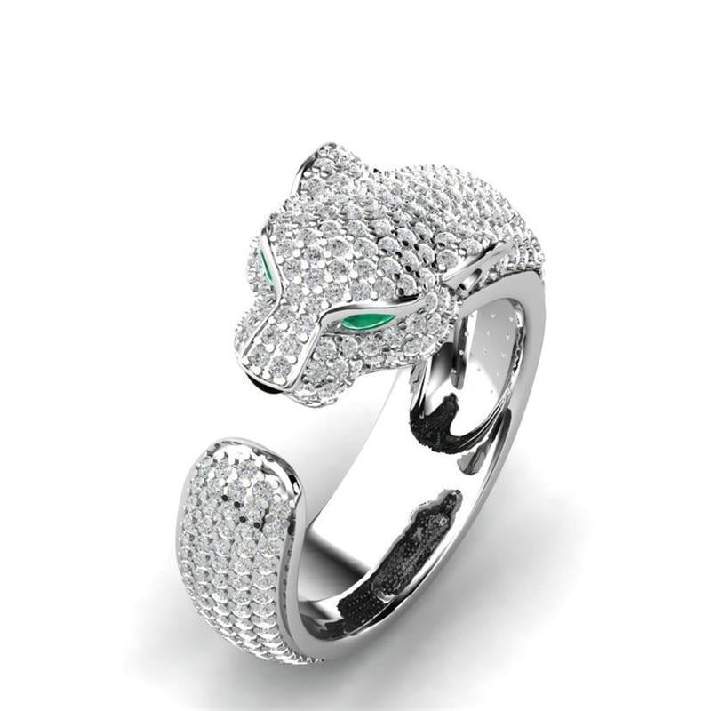 Bague Jaguar Ajustable en Argent 18K et Or Rose avec des Yeux en Zirconia Vert