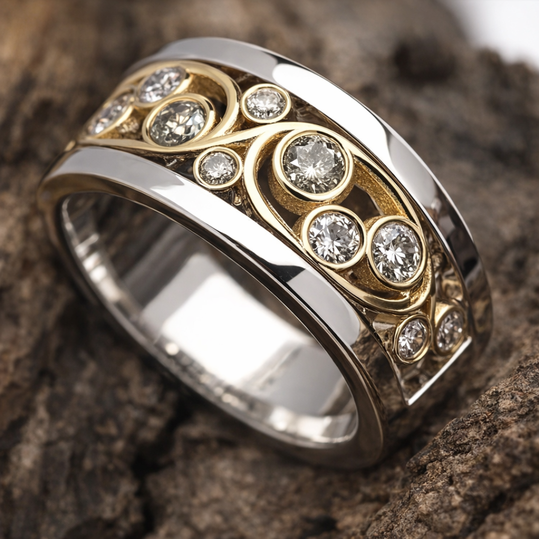 Bague Vintage en Or et Argent avec Feuilles de Lierre en Zirconia