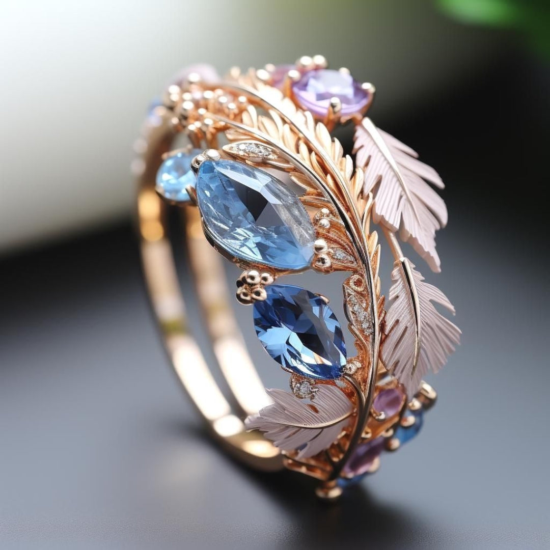 Bague en Verre Bleu Exotique en Forme de Plume