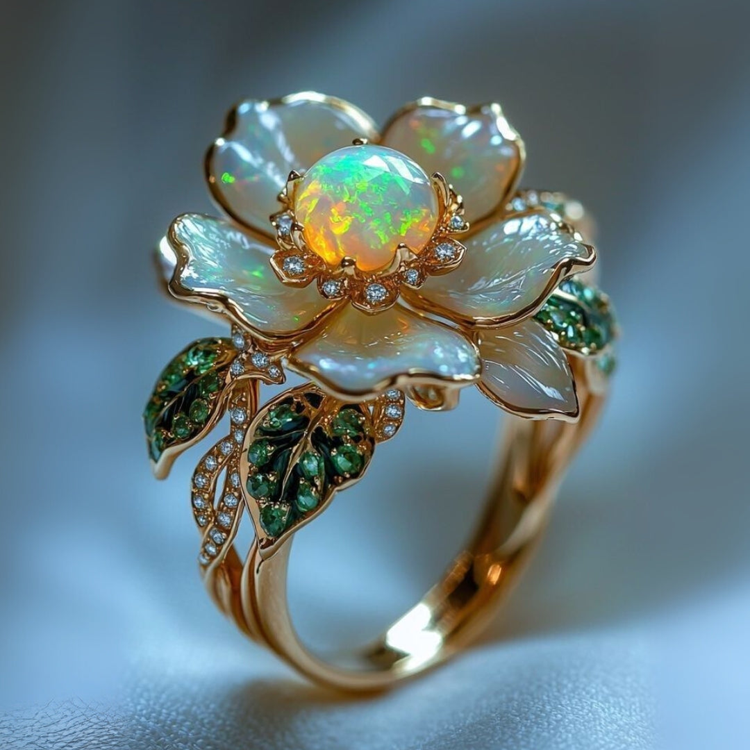 Bague en Opale Blanche Exotique en Fleur
