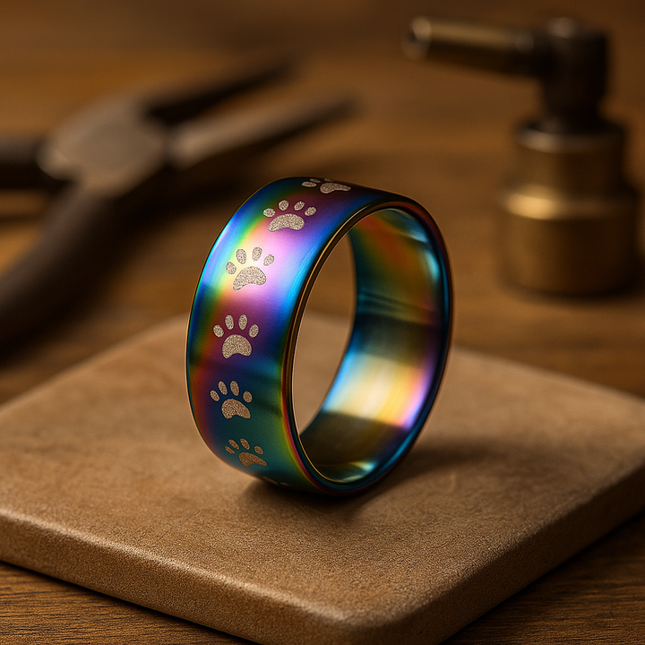 Bague en Acier Inoxydable avec Empreinte de Patte en Arc-en-Ciel Fait Main